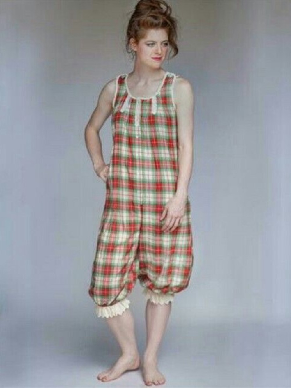 Hopeless Romantic Plaid Cotton Sleeveless Pajama Romper Lace Trim large NEW NWT